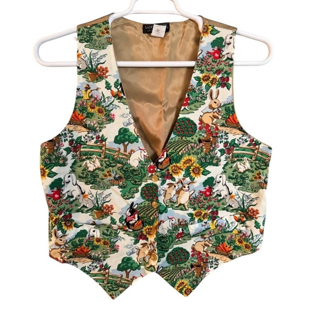 Saddle River Sportswear Bunny Garden Print Vest Gold Back Medium Vintage Style